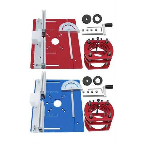 Aluminum Router Table Lift Kit With Knucklehead Proof Calibration And Reinforced Insert Plate Base shown in red and blue, featuring precise measurement tools.