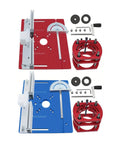 Slick Precision Router Lift Kit With Dead Simple Drop In Table Insert And Heavy Duty Aluminum Base Mounting Platform For Small Trimming Machines And Pro Shop Upgrades showing red and blue lift platforms with accessories.