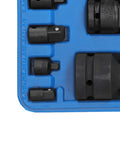 Close-up of Eight Piece Pneumatic Sleeve Adapter Set Double Ended Socket Reducers For Quick Vehicle Repairs in blue toolbox
