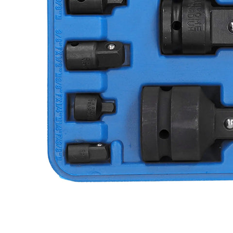 Close-up of Eight Piece Pneumatic Sleeve Adapter Set Double Ended Socket Reducers For Quick Vehicle Repairs in blue toolbox