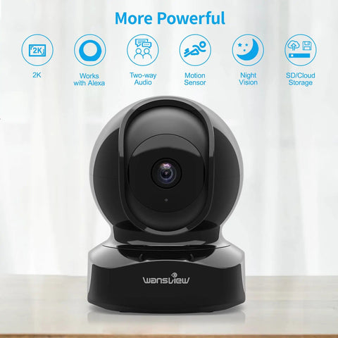 Smart 2K Home Security Camera Indoor WiFi Cam For Baby And Pets With Motion Detection Two Way Audio Night Vision Alexa Compatible TF Card Slot And Cloud Storage, displayed on a table, emphasizing lens detail.