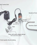 Food Grade Electric Water Transfer Pump With Hassle Free Adjustable Flow For 5 Gallon Jugs includes speed control, inlet, outlet, filter, and tubes.
