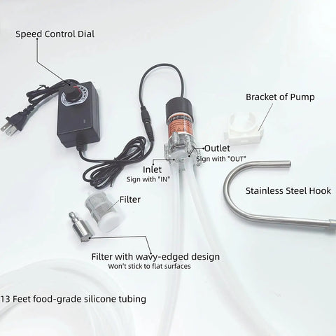 Food Grade Electric Water Transfer Pump With Hassle Free Adjustable Flow For 5 Gallon Jugs includes speed control, inlet, outlet, filter, and tubes.