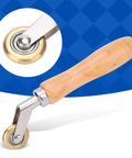 Steel seam roller with wooden handle and brass wheel for roofing membranes (side view)