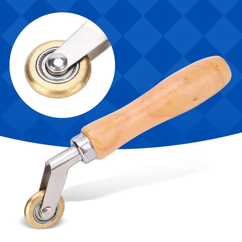 Steel seam roller with wooden handle and brass wheel for roofing membranes (side view)