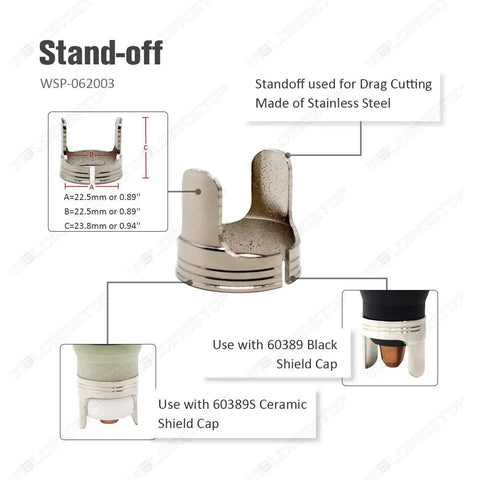 Stainless steel standoff for Plasma Cutting Torch Kit With IPT 60 PT 60 And PT 40 Consumables, shown with shield cap use instructions.