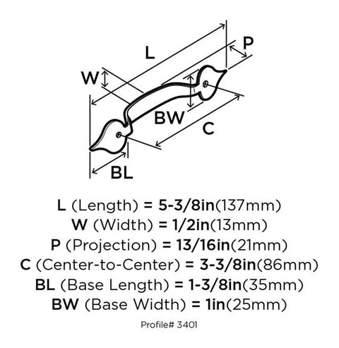Diagram of Colonial Black Cabinet Pull 3-3/8 Inch Center to Center showcasing dimensions and specs for Everyday Heritage Drawer Pull.