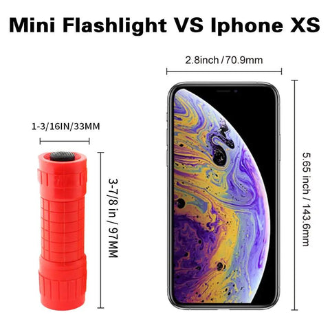 Red mini flashlight next to iPhone XS for size comparison, part of the 30 Pack Mini Flashlight Set With COB LED, Handheld Lights, Five Colors, Lanyards Included, Ninety AAA Batteries Included, Awesome For Kids Night Reading, Parties, Camping, Emergencies, And Hunting.