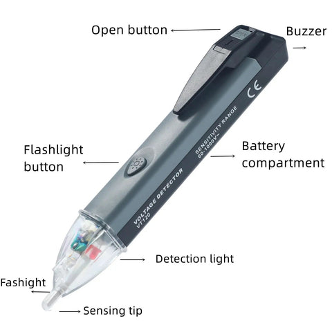 Non Contact Voltage Tester Pen With LED Flashlight And Buzzer Alarm For 60V To 1000V Live Wire Detection AC Voltage Detector Tool For Safer Electrical Checks Handy Pocket Electric Tester with sensing tip and battery compartment