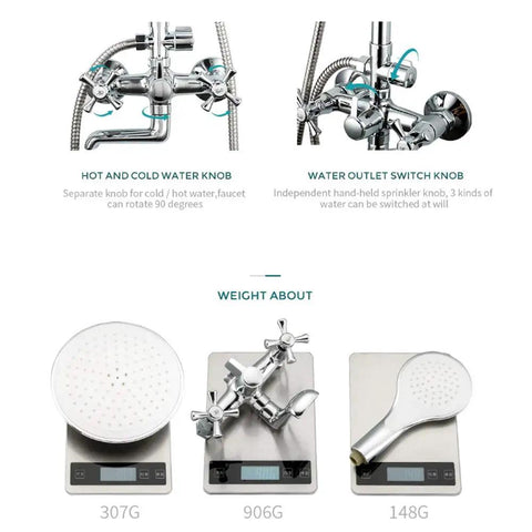 UMJIGF 8 Inches Shower System Brass Chrome Shower Faucet Set Wall Mounted showing knobs for hot/cold water and water outlet switch.