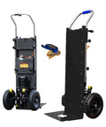 Heavy Duty Electric Stair Climbing Hand Truck With Telescoping Handle Built With Tough Carbon Steel For Moving Furniture Appliances And Gear Around The House Or Warehouse Smooth Ride, side view with wheels.