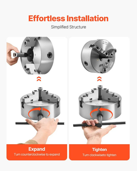 Precision 8 Inch 3 Jaw Lathe Chuck Self Centering Machine Tool with T Wrench demonstrating easy expansion and tightening process.
