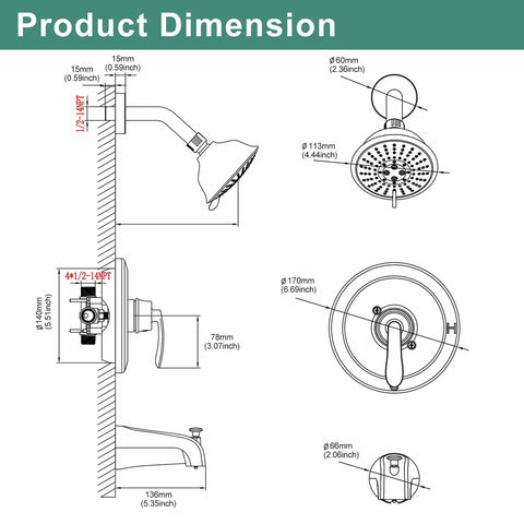 Dimensions of Dope Matte Black Shower System With Tub Spout And Valve Included, 5 Setting Shower Head, Diverter, Wall Mount Combo