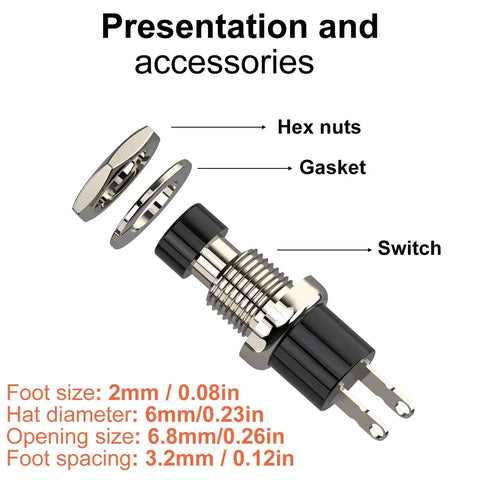 Detailed view of Momentary Push Button Switch 1A 250V AC SPST NC with black cap and 2 pin terminal, showing hex nuts and gasket.