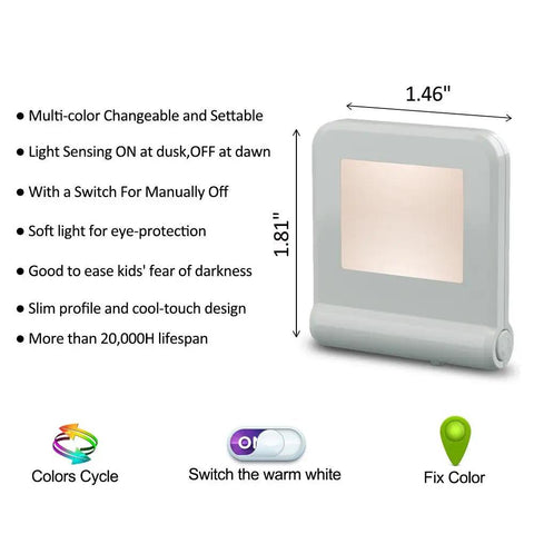 Image of Plug In Led Night Light With Smart Dusk To Dawn Sensor Multi Color Changeable Night Lights Super Handy Energy Efficient Night Lamp For Bedroom Baby Room Kitchen Hallway Stairway 2 Pack showing features like size, multi-color settings, and light sensor.