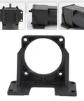 Black plastic motor mounting bracket with circular central opening and four-bolt base for attaching motors.