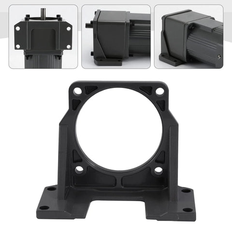 Black plastic motor mounting bracket with circular central opening and four-bolt base for attaching motors.