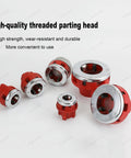Heavy Duty Handheld Electric Pipe Threading Machine Powered By A Pure Copper Motor And Features A Heavy Duty Six Head Die Set To Nail Plumbing Installations Quick, showcasing red and silver threaded parting heads.