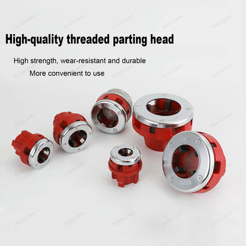Heavy Duty Electric Pipe Threader Machine Featuring Solid Copper Motor And Six Precision Die Heads For No Sweat Plumbing Cutting And Threading On Water Or Gas Line Systems Anywhere die heads in red and silver finish