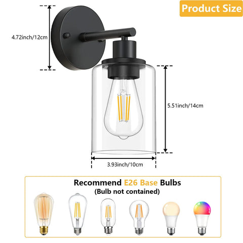 Black Wall Sconces Set Of Two With Clear Glass Shade, Dope Modern Vanity Wall Lamps For Mirror, Living Room Or Bedroom, 1-Light Design, Bulbs Not Included, E26 base recommended
