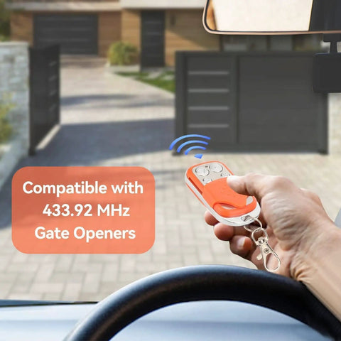 Hand using Portable Gate Opener Remote For Driveway And Chicken Coop Doors, HCS301 Rolling Code 433.92MHz