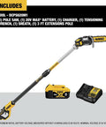 Powerful 20V Max XR Pole Saw With Fifteen Foot Reach, battery, charger, tensioning wrench, and extension pole