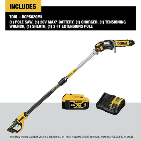 Powerful 20V Max XR Pole Saw With Fifteen Foot Reach, battery, charger, tensioning wrench, and extension pole