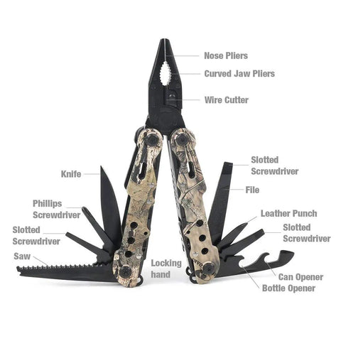 13 In 1 Outdoor Folding Multitool Pliers in Camo with knife, saw, wire cutter, screwdrivers, and openers displayed
