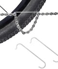 Close-up of Stainless Steel Bike Chain Hook Repair Tool for Mountain and Road Bicycles Dual End Chain Link Hook shown near bicycle tire