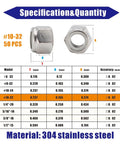 Nylon Insert Hex Lock Nuts Size 10 32 304 Stainless Steel Self Locking Fasteners Pack Of 50 displayed with specifications table