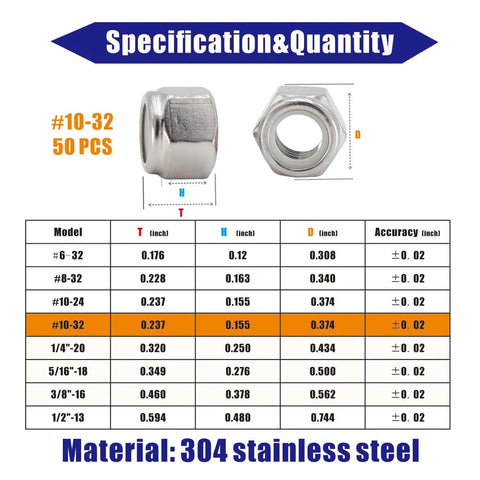 Nylon Insert Hex Lock Nuts Size 10 32 304 Stainless Steel Self Locking Fasteners Pack Of 50 displayed with specifications table