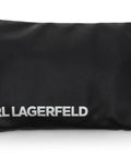 Black eyewear case with silver KARL LAGERFELD logo, perfect for storing Dope Rose Gold Womens Eyewear Featuring Straight Fire Gradient Brown Tints.