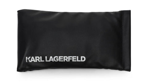 Black eyewear case with silver KARL LAGERFELD logo, perfect for storing Dope Rose Gold Womens Eyewear Featuring Straight Fire Gradient Brown Tints.