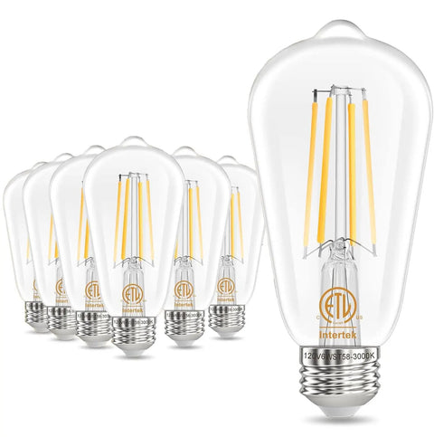 Edison E26 LED Bulb 60W Equivalent 3000K Soft Warm White 6W Vintage Filament Light Bulbs Antique ST58 Clear Glass CRI 85 E26 Base Non Dimmable 700 Lumen Pack Of 6 displayed in a row