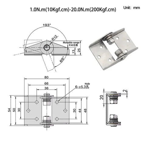 Stainless steel torque hinge with adjustable damping; 6.0 N.m, 1 pc, front and side view illustrations with mounting holes.