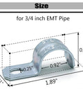 Size dimensions for Rock Solid Heavy Duty Three Quarter Inch Emt Conduit Clamps Zinc Plated One Hole Snap On Pipe Supports.
