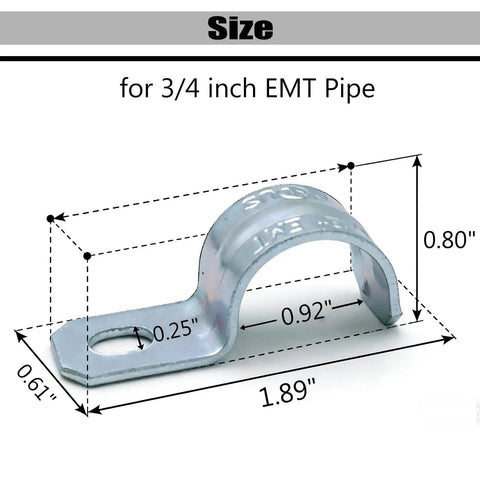 Size dimensions for Rock Solid Heavy Duty Three Quarter Inch Emt Conduit Clamps Zinc Plated One Hole Snap On Pipe Supports.
