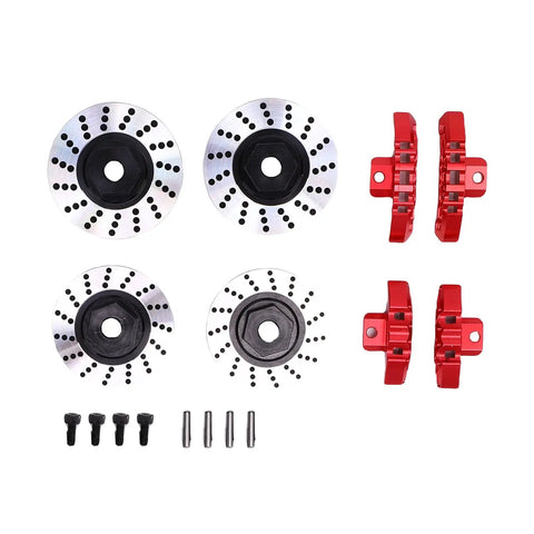 Upgrade Your Ride With This Sick Pongnas 4-TEC Drift Hex Rotor Caliper Pin Set Made From Tough CNC Milled 6061 Aluminum Alloy Brake Discs Screws And Pins Kit Perfect For 10 Scale RC Car Racing And Tuning. 10 scale RC brake rotor set with red calipers, screws, and pins