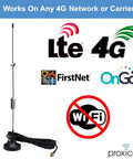 Real Game Changer High Gain Cellular Booster Antenna With 8Dbi Omnidirectional 4G Lte, black antenna with cable and logos for various networks.