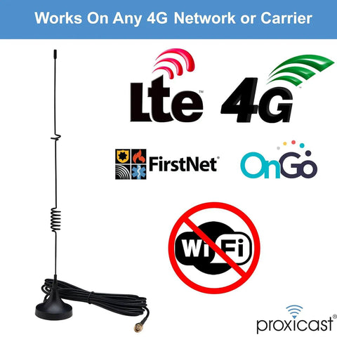 Real Game Changer High Gain Cellular Booster Antenna With 8Dbi Omnidirectional 4G Lte, black antenna with cable and logos for various networks.