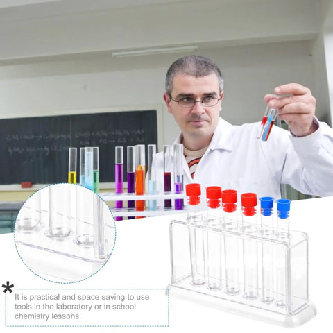 Scientist using Clear Plastic Test Tube Rack For Lab And Classroom Use Holds Multiple Tubes With Color Caps, Durable Stand