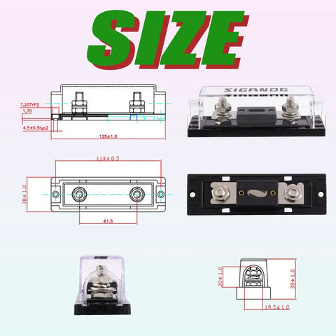 500 Amp ANL Fuse Block Kit With 0 2 4 Gauge Fuses, Easy Swing Cover For Fast Fuse Replacement, Durable ABS Base, Ideal For Car Audio, Truck Audio, Inverters, High Current Systems, 2 Pack showing dimensions and multiple views
