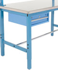 Heavy Duty Shop Beast 72X30 Industrial Workbench With Storage Drawer And Upright Shelf, Blue 304 Stainless Steel Top with drawer visible.