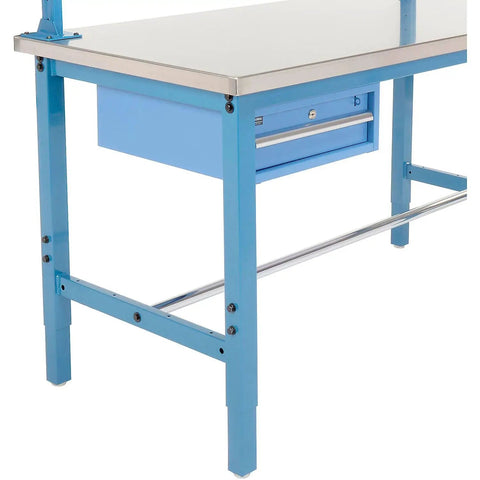 Heavy Duty Shop Beast 72X30 Industrial Workbench With Storage Drawer And Upright Shelf, Blue 304 Stainless Steel Top with drawer visible.