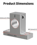Go-To Four Pack SK10 Linear Shaft Rail Support Brackets, 10mm Diameter, Vertical Guide For CNC Machines And 3D Printers, Aluminum Finish With Oxidation Treated Surface, Includes M4 Locking Bolt And M5 Clamping Bolt, 32mm Hole Spacing. Product dimensions shown for 10mm shaft and 32mm hole spacing.