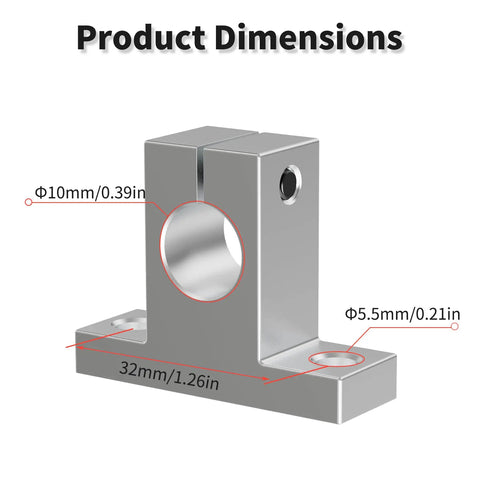 Go-To Four Pack SK10 Linear Shaft Rail Support Brackets, 10mm Diameter, Vertical Guide For CNC Machines And 3D Printers, Aluminum Finish With Oxidation Treated Surface, Includes M4 Locking Bolt And M5 Clamping Bolt, 32mm Hole Spacing. Product dimensions shown for 10mm shaft and 32mm hole spacing.