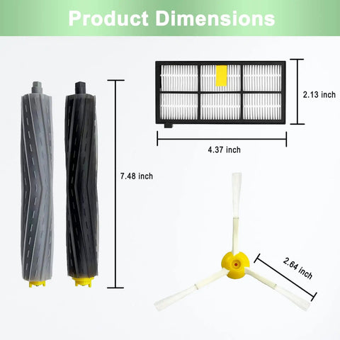 9 Pack Replacement Parts Kit For 800 And 900 Series Roomba Vacuums Including One Set Of Roller Brushes, Four Filters, And Four Side Brushes Plug And Play Easy Fit High Quality Replacement Accessories size diagram