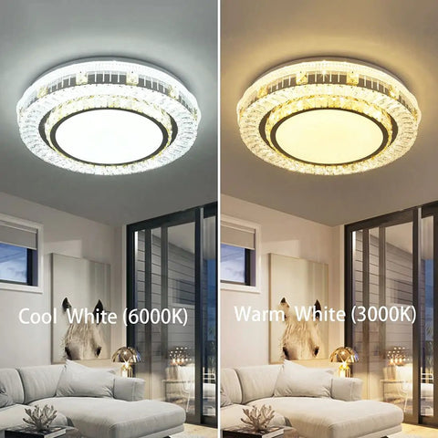 LED Flush Mount Ceiling Light With Remote, Dimmable 3000K to 6000K, 35W, showing cool white and warm white settings over living room