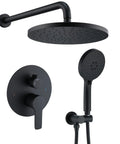 Front view: matte black Iriber shower system with rainfall head, handheld shower, and wall mixer valve