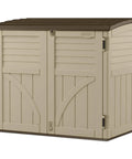 Horizontal Outdoor Storage Shed For Trash Cans And Gear, Compact 34 Cu Ft Capacity, Lockable Multi Wall Resin Organizer In Sand And Slate